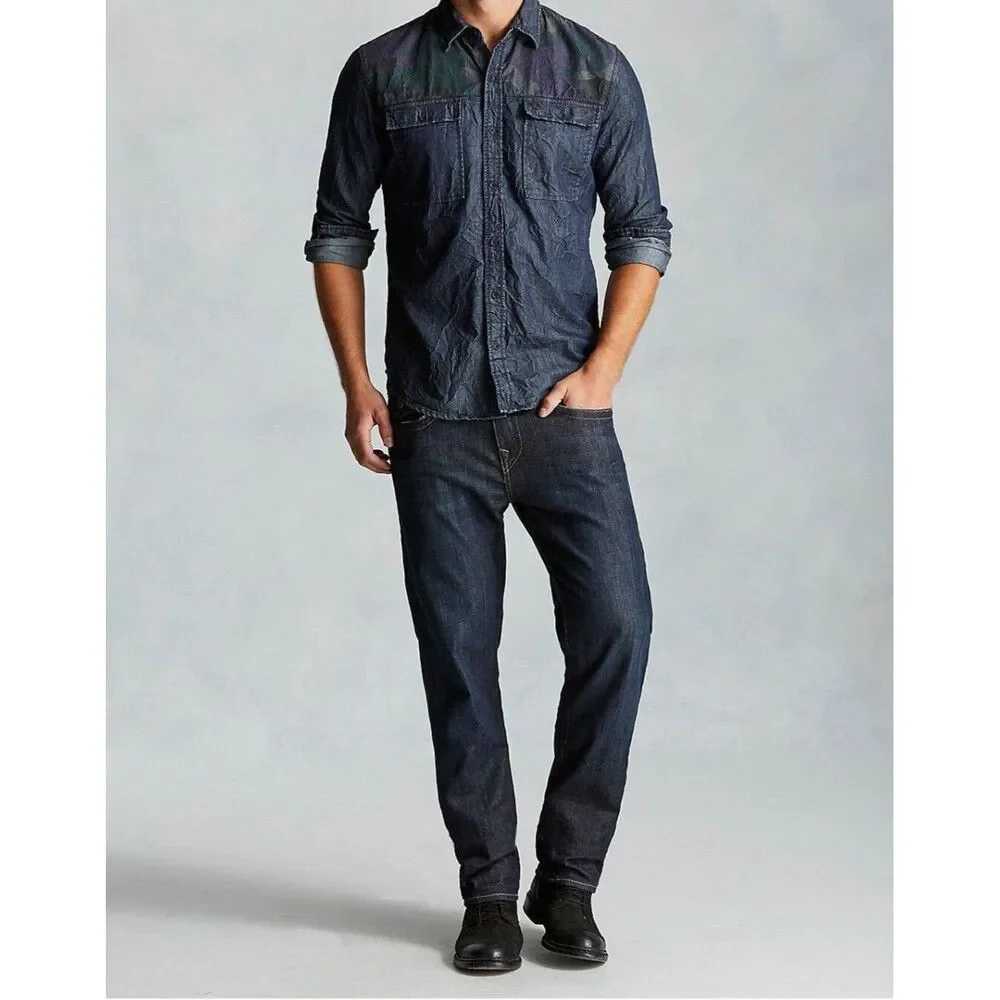 New Mens NWT True Religion Jeans Designer Denim Camo Shirt Button Down L Blue